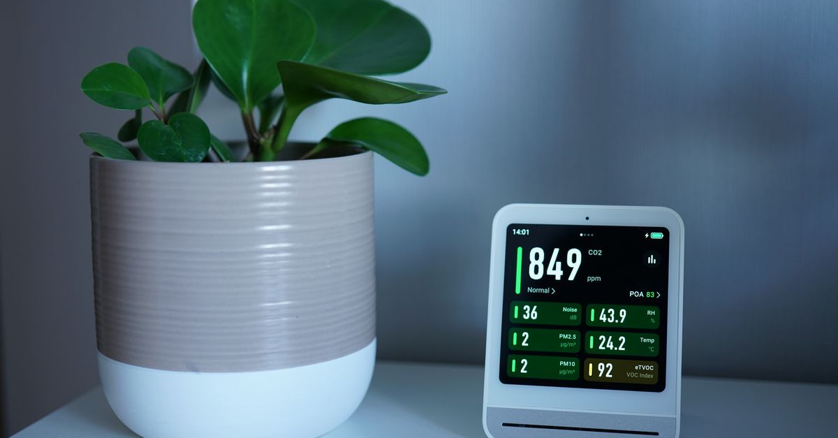 Air quality monitor next to a potted plant on a desk, showing CO2 and PM2.5 levels.