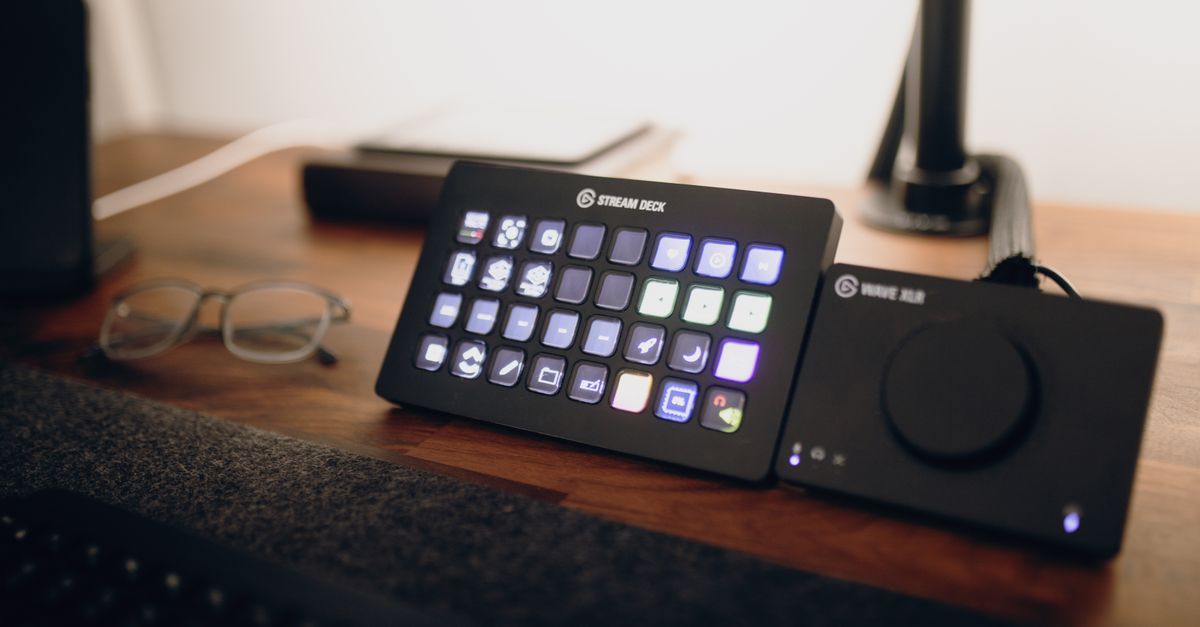 Stream Deck and audio interface on a modern workspace desk.